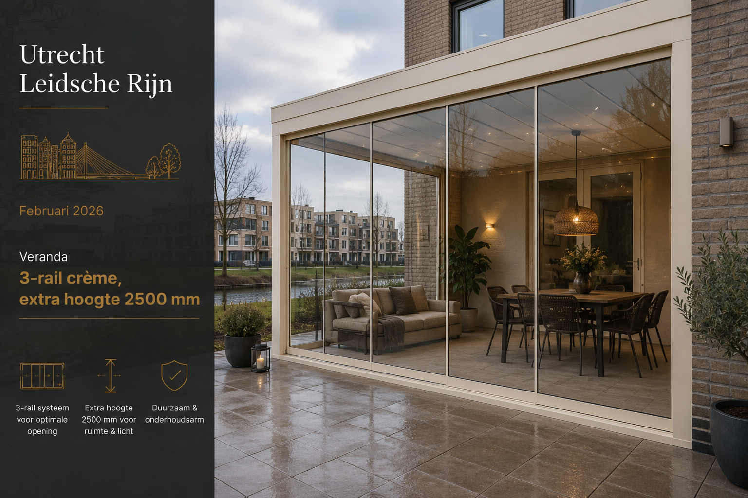 Utrecht Leidsche Rijn veranda 3-rail creme 2500mm